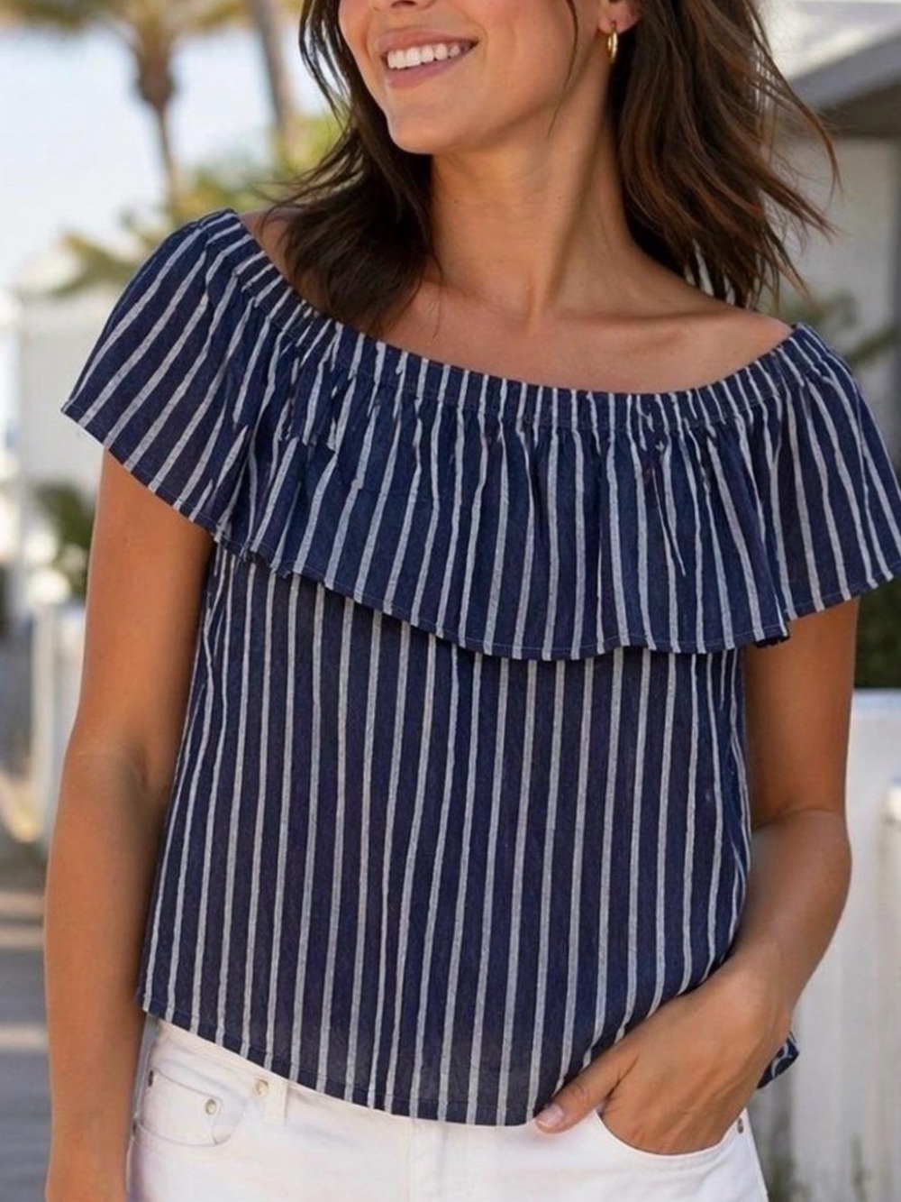 Banana Republic Navy and White Striped Off-Shoulder Ruffle Camisole